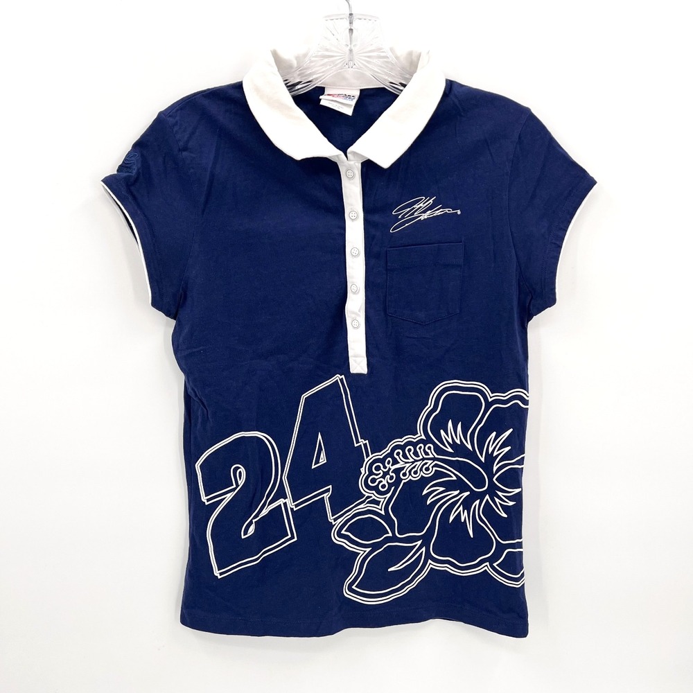 CHASE AUTHENTICS Women's Size S Navy JEFF GORDON Cap-Sleeve Polo Shirt Hibiscus
